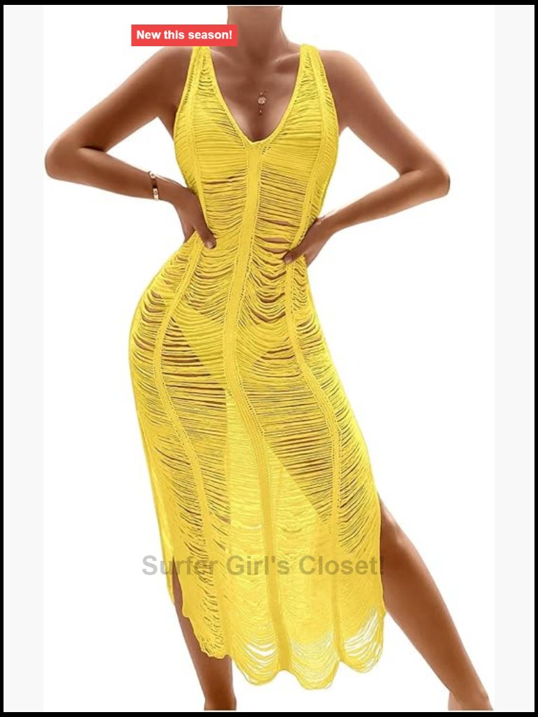 Crochet Hollow Out Deep V Neck Sleeveless Midi Cover Up Dress